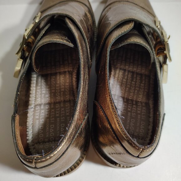Anthropologie Kelsey Dagger Brooklyn Copper Foiled Buckle Loafers Metallic SZ 10 - Picture 10 of 13